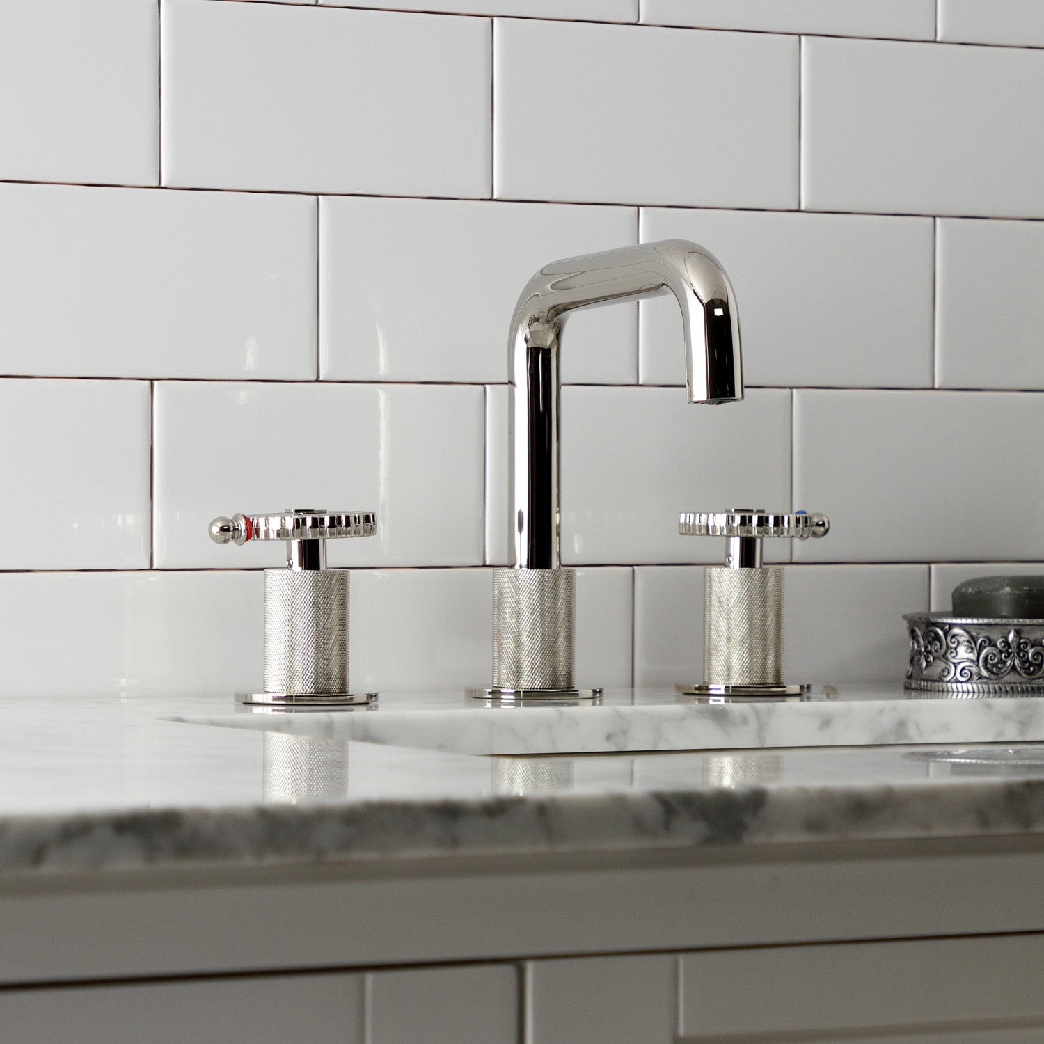 Kingston Sona KS1416CG - Fuller Two-Handle 3-Hole Deck Mount Widespread Bathroom Faucet with Push Pop-Up Drain, Polished Nickel — thumbnail 3